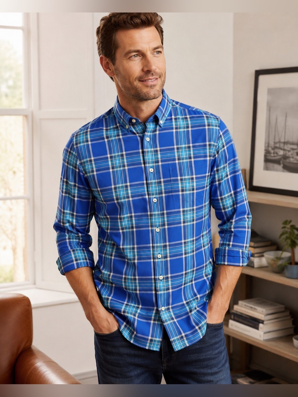 Boden Men’s Blue Plaid Button-Down Shirt | Regular Fit | Size Medium